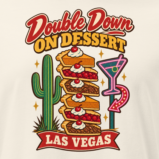Double Down on Dessert Relaxed T-Shirt in Natural, close-up of the front print, pumpkin, cherry and pecan pie slices stacked like casino chips by a cactus and neon