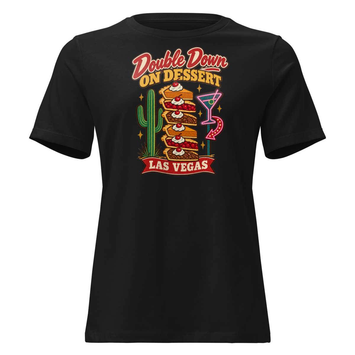 Double Down on Dessert Relaxed T-Shirt in Black, front view, pumpkin, cherry and pecan pie slices stacked like casino chips by a cactus and neon