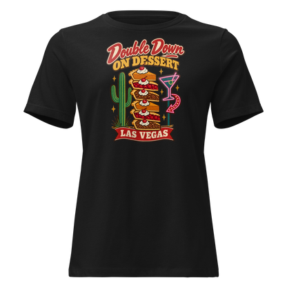 Double Down on Dessert Relaxed T-Shirt in Black, front view, pumpkin, cherry and pecan pie slices stacked like casino chips by a cactus and neon