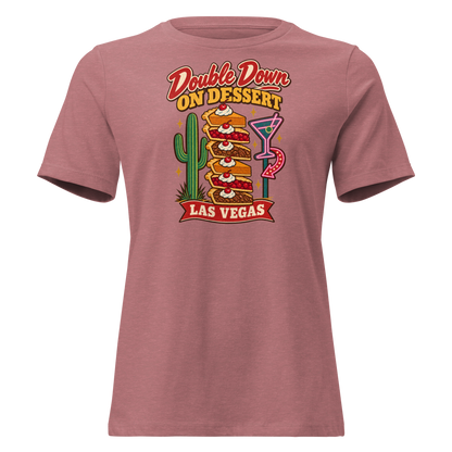 Double Down on Dessert Relaxed T-Shirt in Heather Mauve, front view, pumpkin, cherry and pecan pie slices stacked like casino chips by a cactus and neon