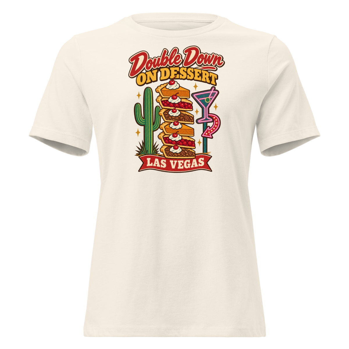 Double Down on Dessert Relaxed T-Shirt in Natural, front view, pumpkin, cherry and pecan pie slices stacked like casino chips by a cactus and neon