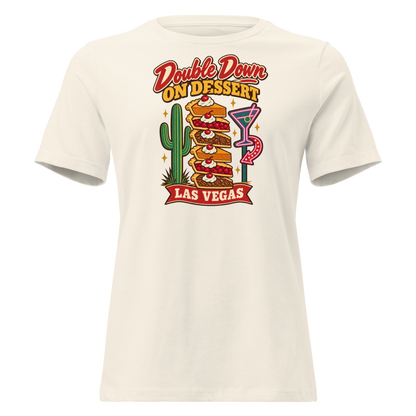 Double Down on Dessert Relaxed T-Shirt in Natural, front view, pumpkin, cherry and pecan pie slices stacked like casino chips by a cactus and neon