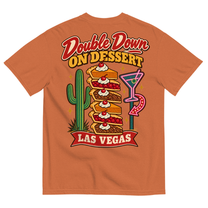 Double Down on Dessert T-Shirt in Yam, back print, pumpkin, cherry and pecan pie slices stacked like casino chips by a cactus and neon
