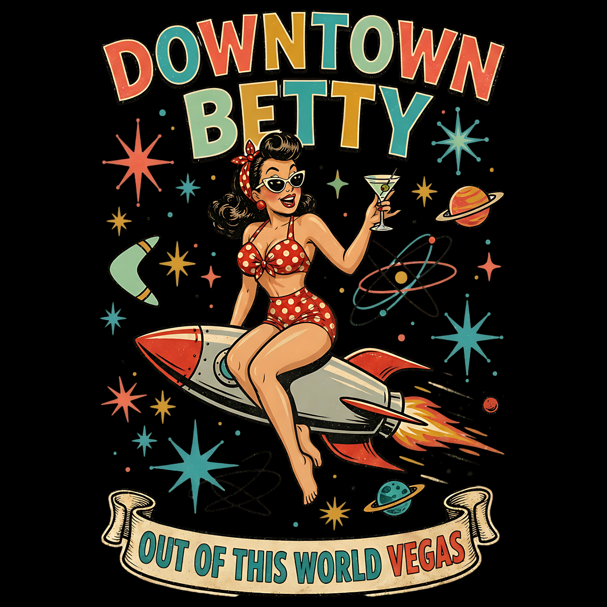 Downtown Betty Out Of This World T-Shirt in Black, Downtown Betty pinup riding a retro rocket graphic