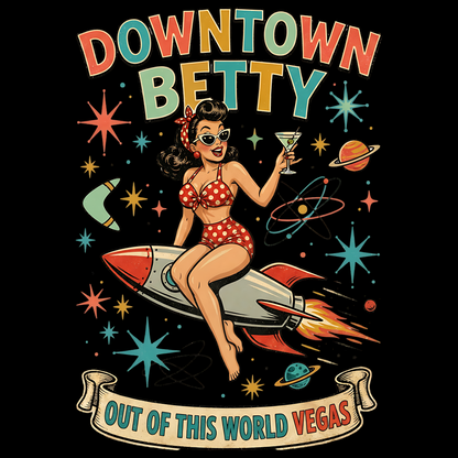 Downtown Betty Out Of This World T-Shirt in Black, Downtown Betty pinup riding a retro rocket graphic