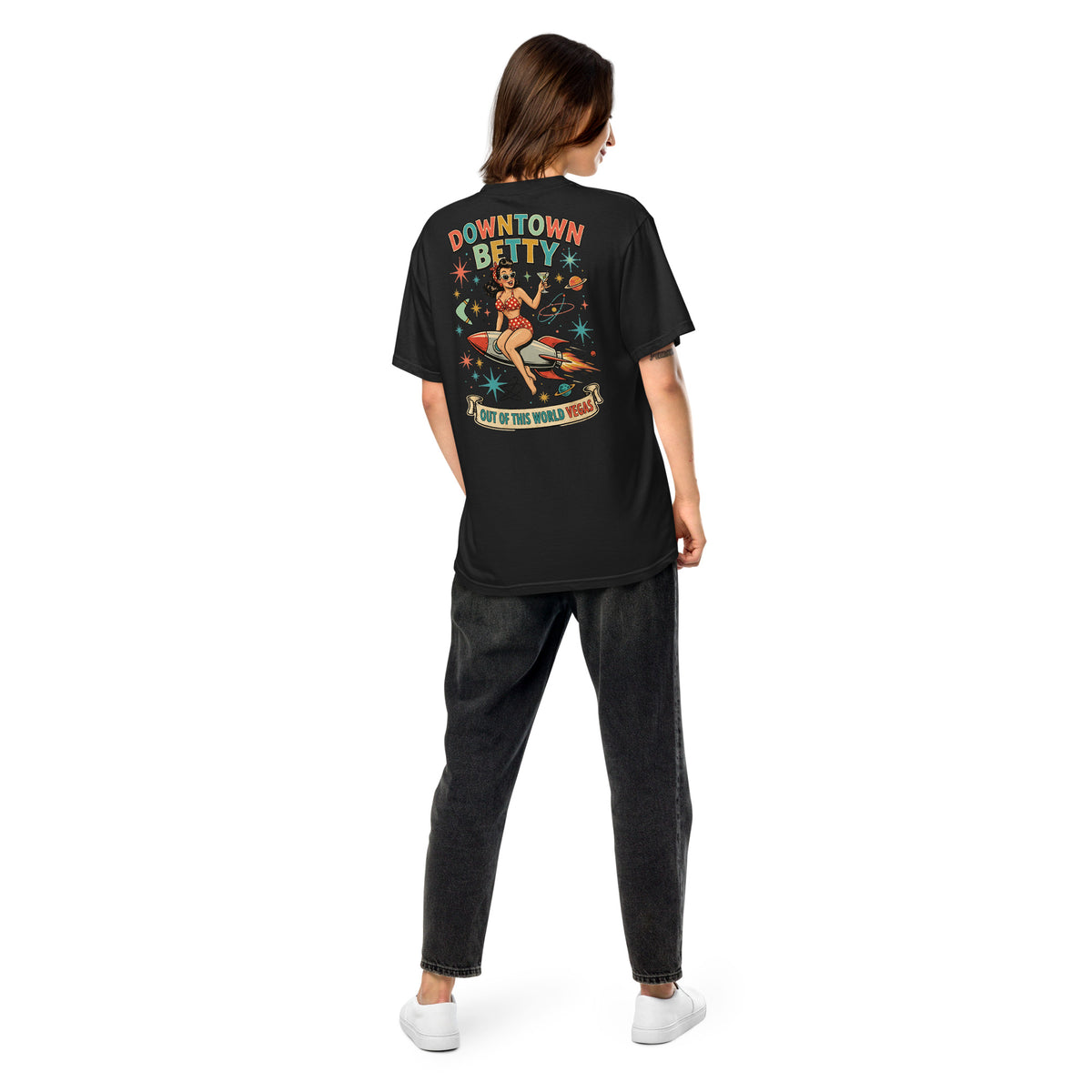 Downtown Betty Out Of This World T-Shirt in Black, back print, Downtown Betty pinup riding a retro rocket graphic