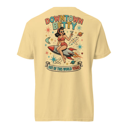 Downtown Betty Out Of This World T-Shirt in Butter, back print, Downtown Betty pinup riding a retro rocket graphic