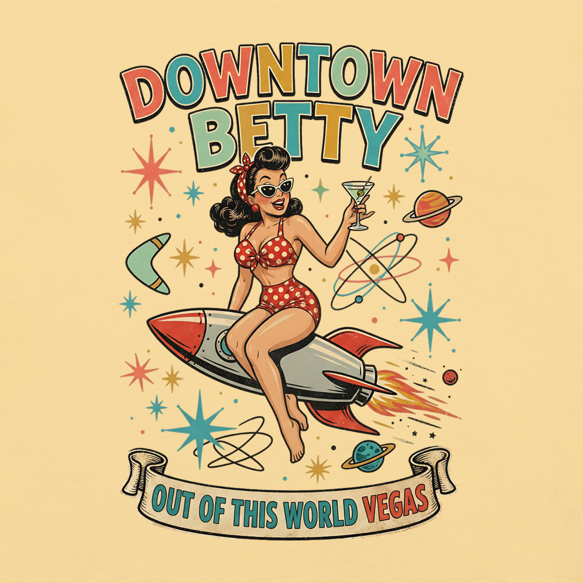 Downtown Betty Out Of This World T-Shirt in Butter, back print (alternate mockup), Downtown Betty pinup riding a retro rocket graphic