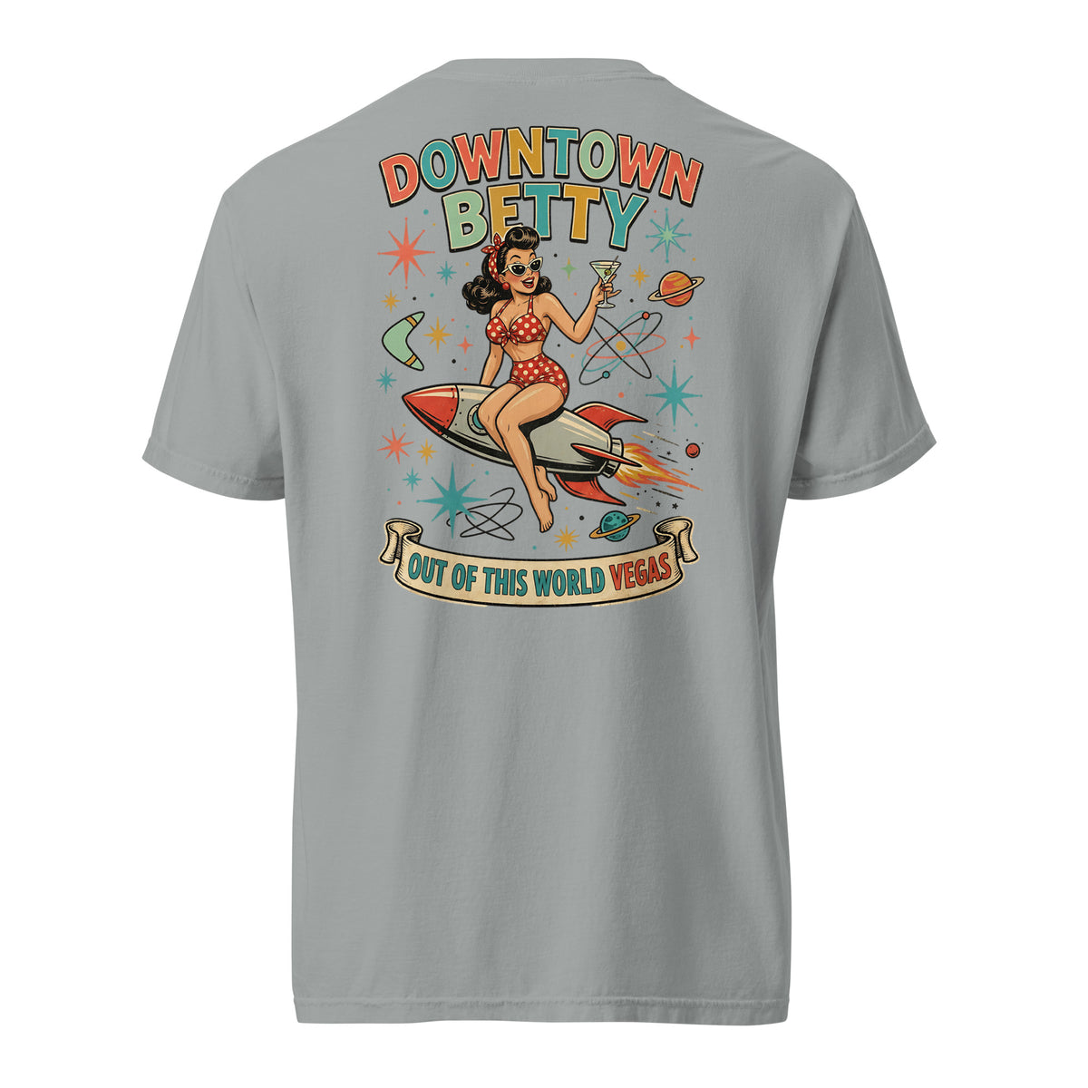 Downtown Betty Out Of This World T-Shirt in Granite, back print, Downtown Betty pinup riding a retro rocket graphic