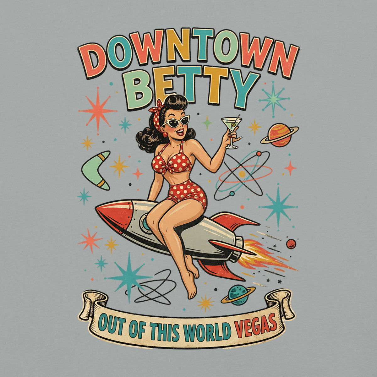Downtown Betty Out Of This World T-Shirt in Granite, back print (alternate mockup), Downtown Betty pinup riding a retro rocket graphic