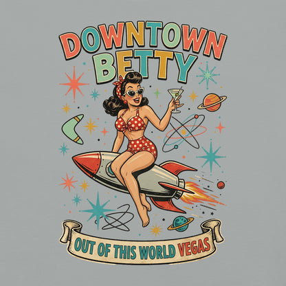 Downtown Betty Out Of This World T-Shirt in Granite, back print (alternate mockup), Downtown Betty pinup riding a retro rocket graphic