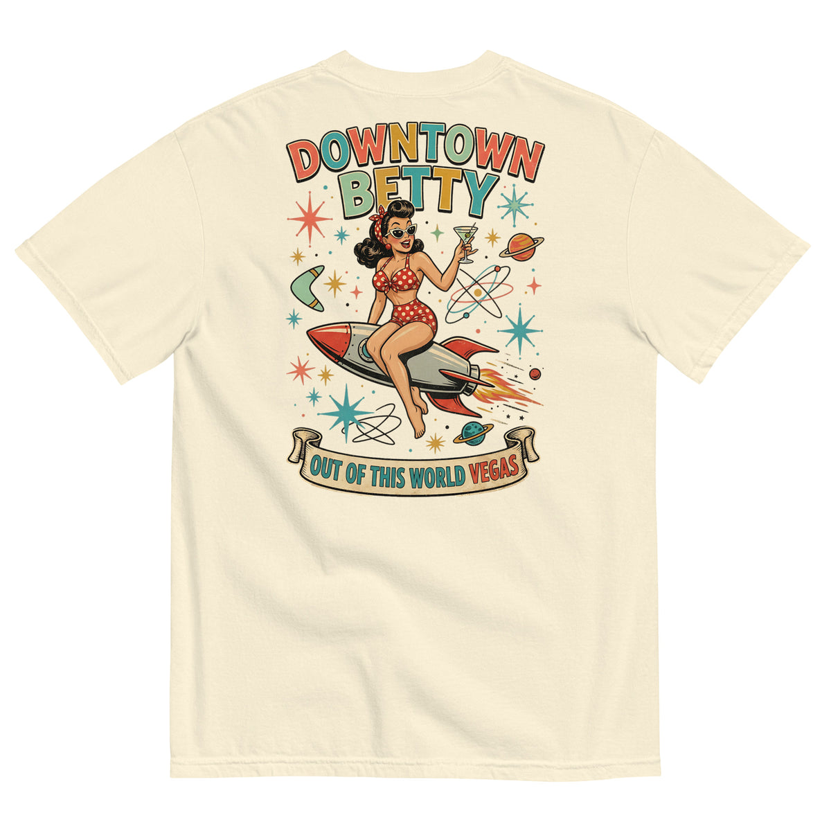 Downtown Betty Out Of This World T-Shirt in Ivory, back print, Downtown Betty pinup riding a retro rocket graphic