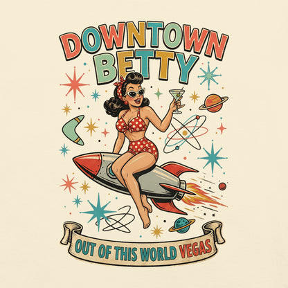 Downtown Betty Out Of This World T-Shirt in Ivory, back print (alternate mockup), Downtown Betty pinup riding a retro rocket graphic