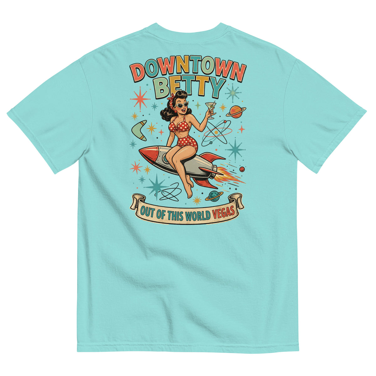 Downtown Betty Out Of This World T-Shirt in Lagoon Blue, back print, Downtown Betty pinup riding a retro rocket graphic