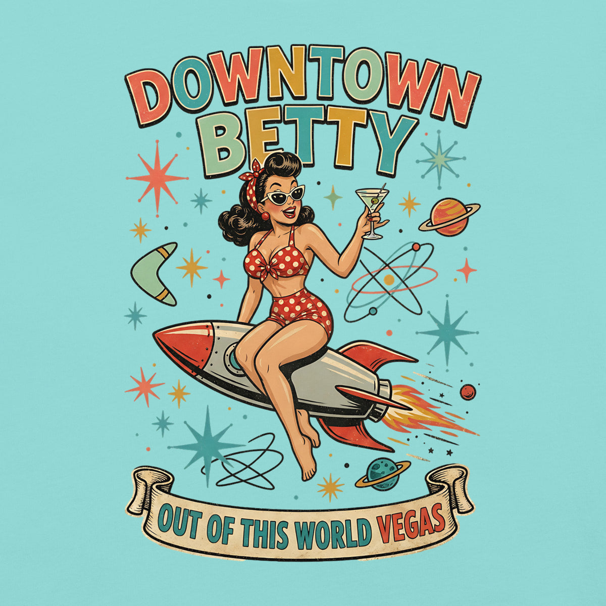 Downtown Betty Out Of This World T-Shirt in Lagoon Blue, back print (alternate mockup), Downtown Betty pinup riding a retro rocket graphic