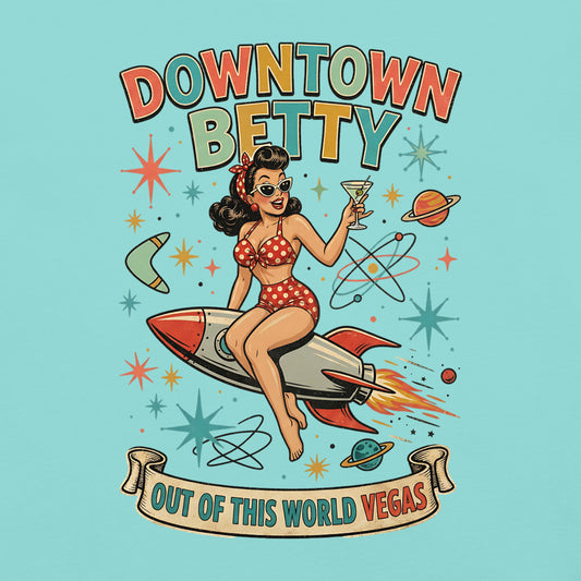 Downtown Betty Out Of This World T-Shirt in Lagoon Blue, back print (alternate mockup), Downtown Betty pinup riding a retro rocket graphic
