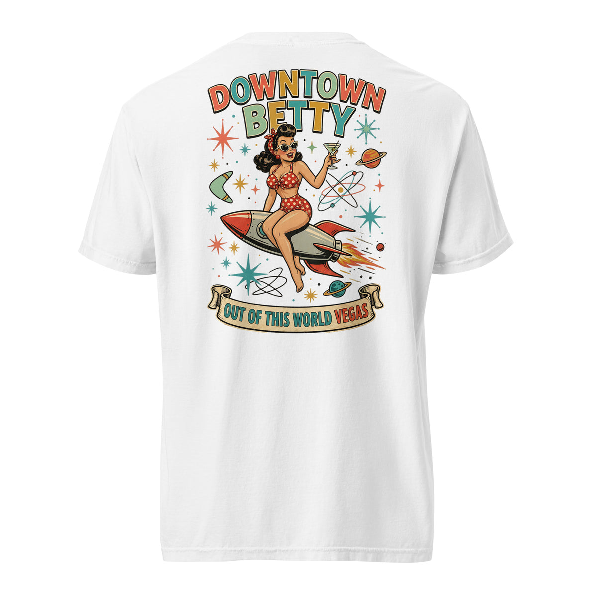 Downtown Betty Out Of This World T-Shirt in White, back print, Downtown Betty pinup riding a retro rocket graphic