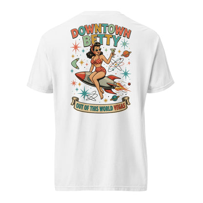 Downtown Betty Out Of This World T-Shirt in White, back print, Downtown Betty pinup riding a retro rocket graphic