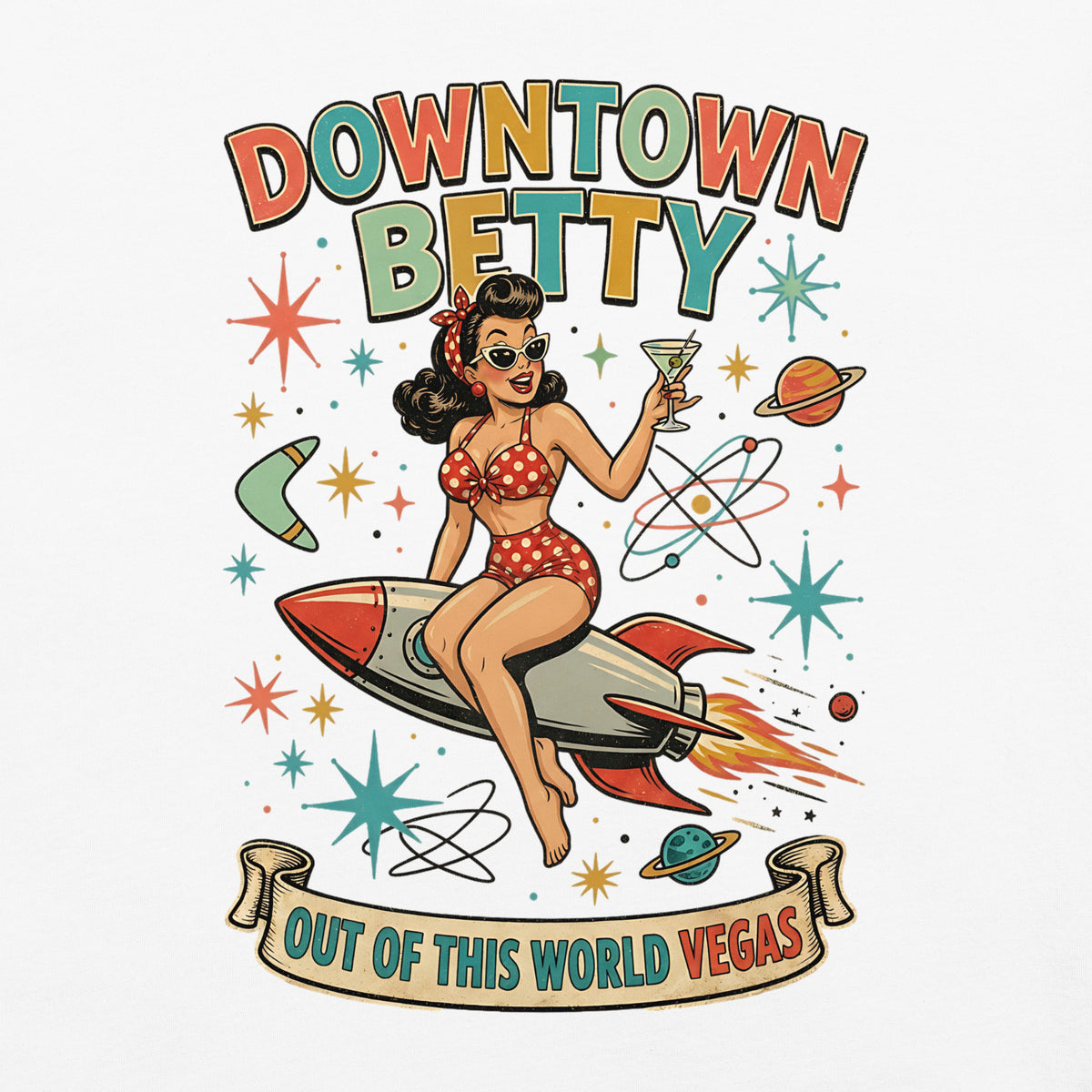 Downtown Betty Out Of This World T-Shirt in White, back print (alternate mockup), Downtown Betty pinup riding a retro rocket graphic