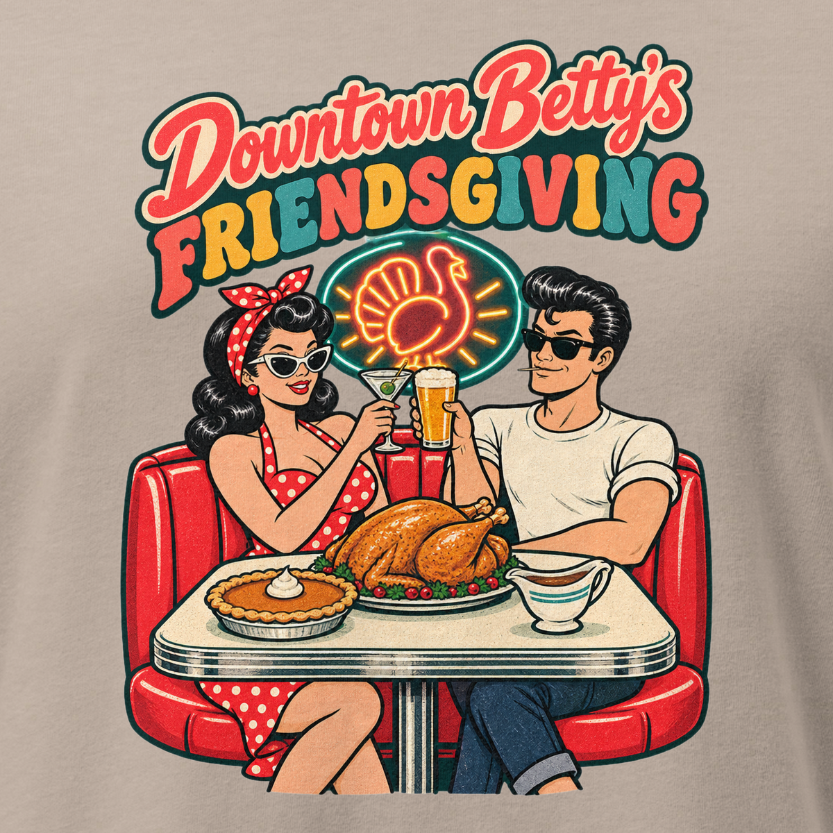 Downtown Betty's Friendsgiving Relaxed T-Shirt in Heather Stone, close-up of the front print, Downtown Betty and Fremont Frank toast over a turkey dinner in a retro diner booth