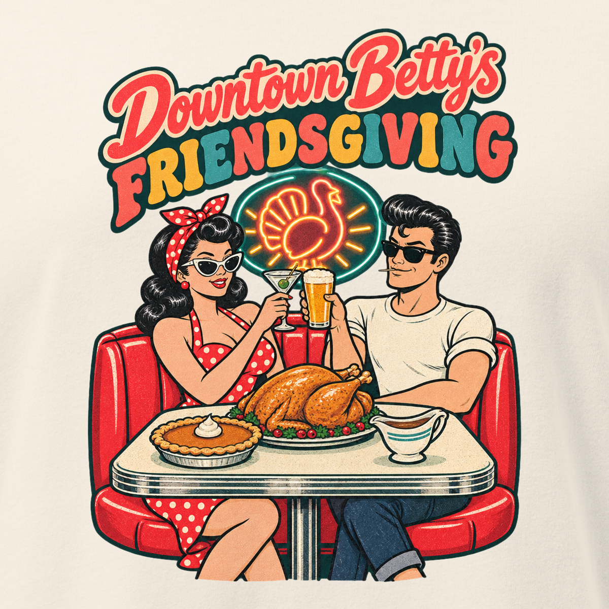 Downtown Betty's Friendsgiving Relaxed T-Shirt in Natural, close-up of the front print, Downtown Betty and Fremont Frank toast over a turkey dinner in a retro diner booth