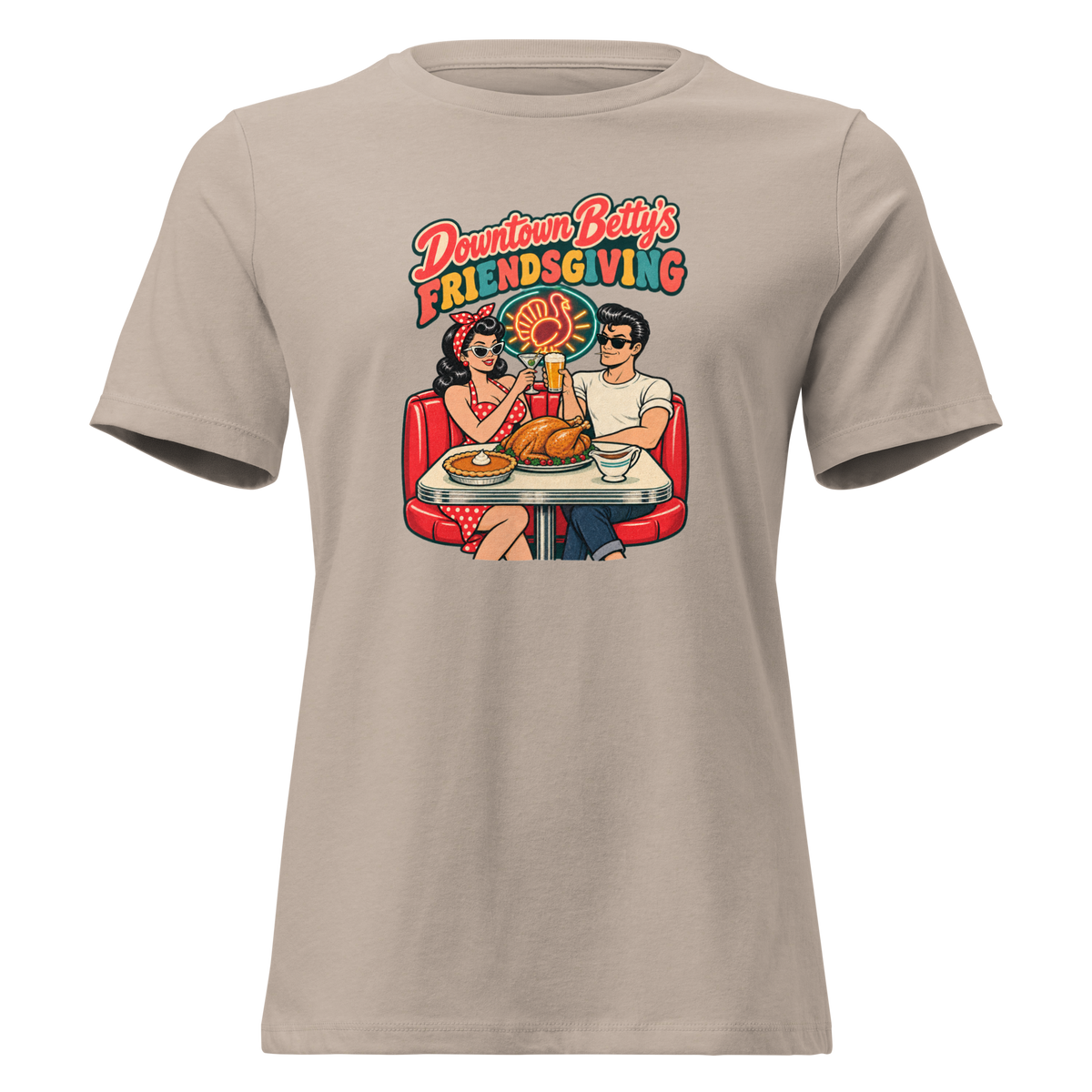 Downtown Betty's Friendsgiving Relaxed T-Shirt in Heather Stone, front view, Downtown Betty and Fremont Frank toast over a turkey dinner in a retro diner booth