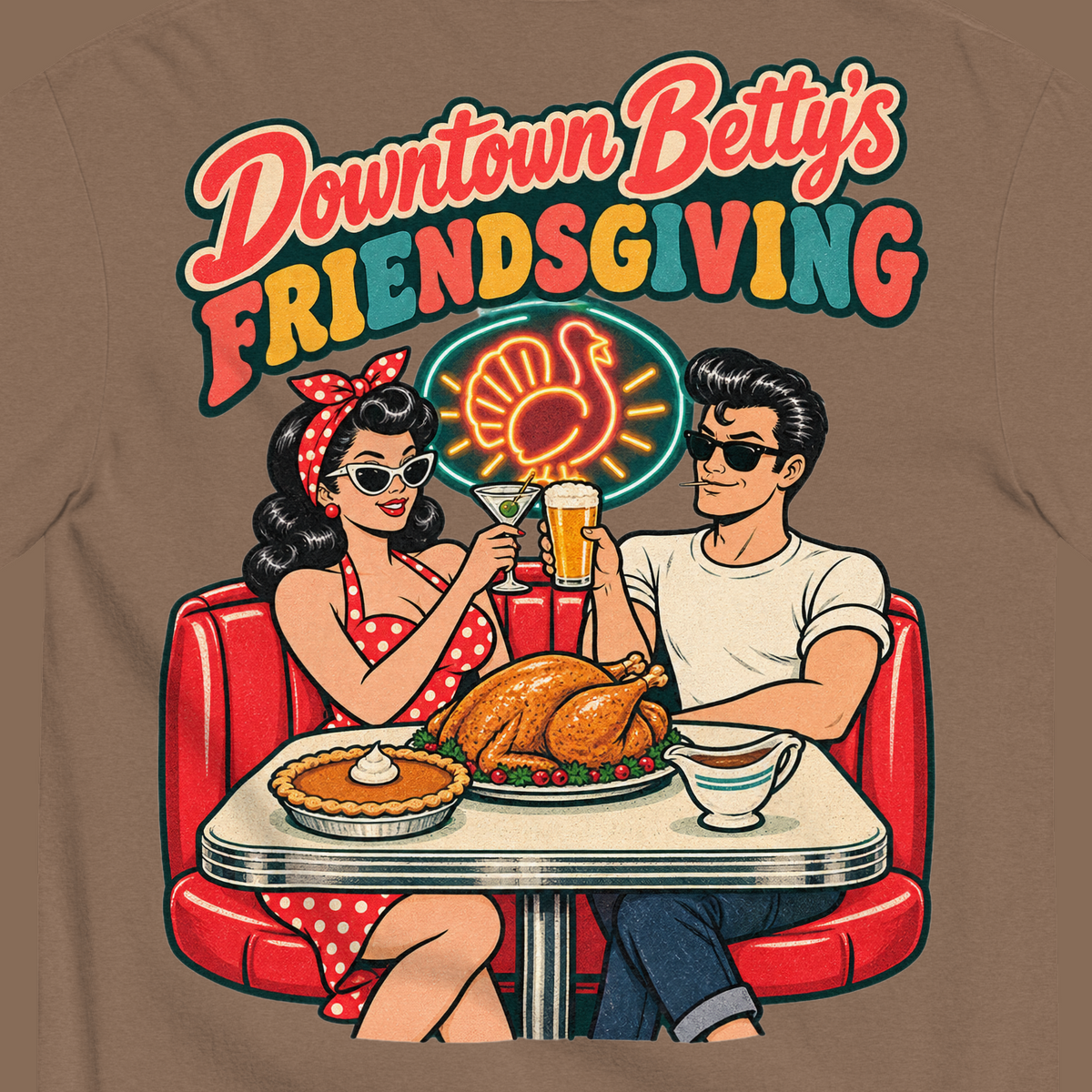 Downtown Betty's Friendsgiving T-Shirt in Espresso, close-up of the back print, Downtown Betty and Fremont Frank toast over a turkey dinner in a retro diner booth