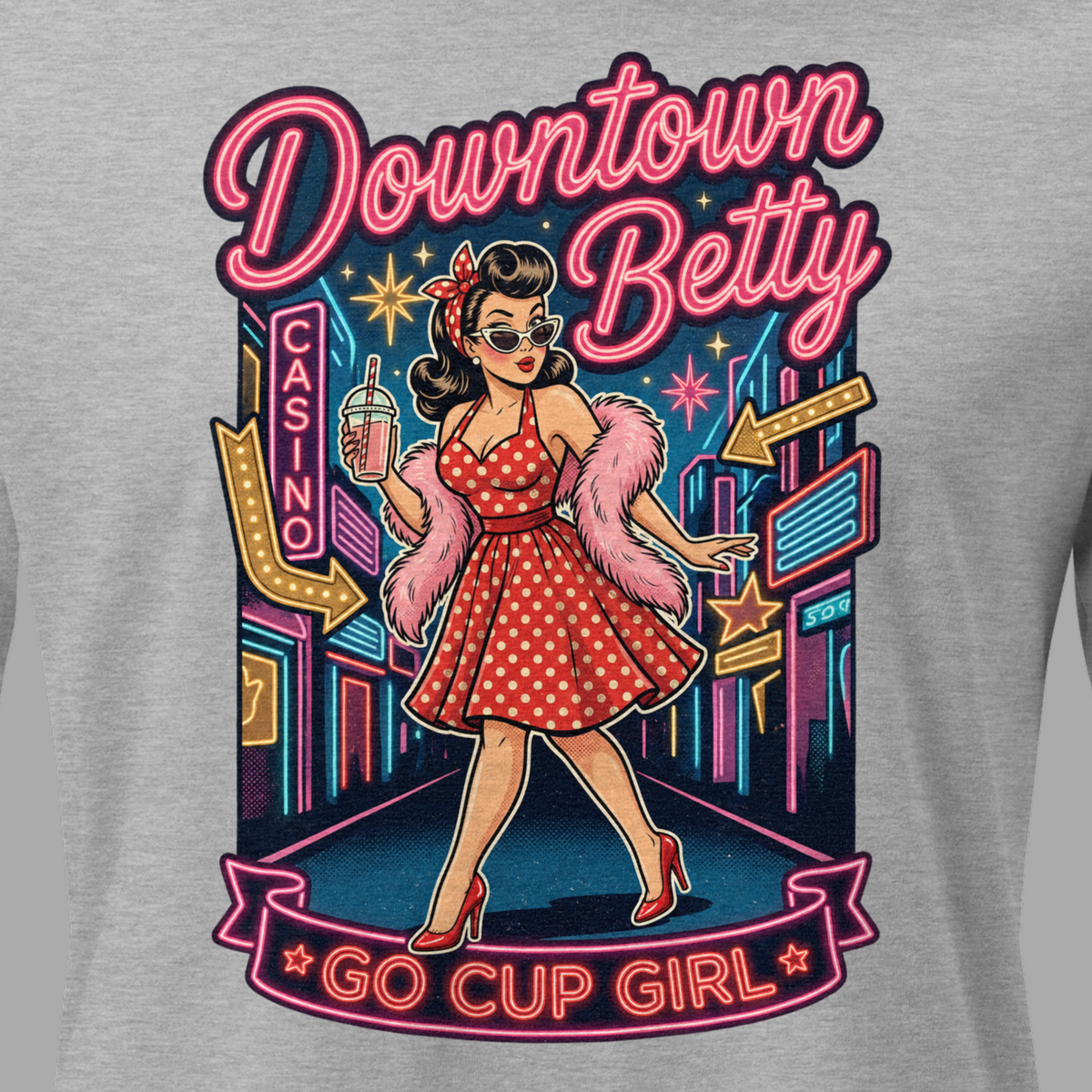 Go Cup Girl Relaxed T-Shirt in Athletic Heather, close-up of the front print, polka dot pinup and neon Go Cup Girl banner