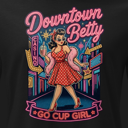 Go Cup Girl Relaxed T-Shirt in Black, close-up of the front print, polka dot pinup and neon Go Cup Girl banner