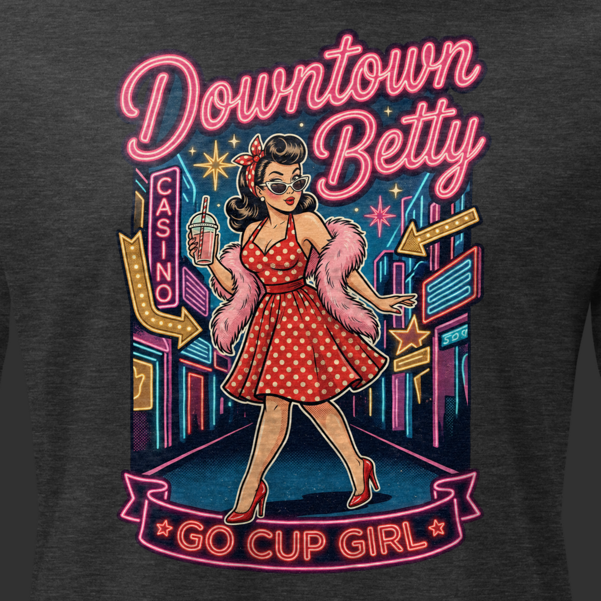 Go Cup Girl Relaxed T-Shirt in Dark Grey Heather, close-up of the front print, polka dot pinup and neon Go Cup Girl banner