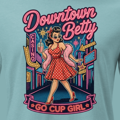 Go Cup Girl Relaxed T-Shirt in Heather Blue Lagoon, close-up of the front print, polka dot pinup and neon banner