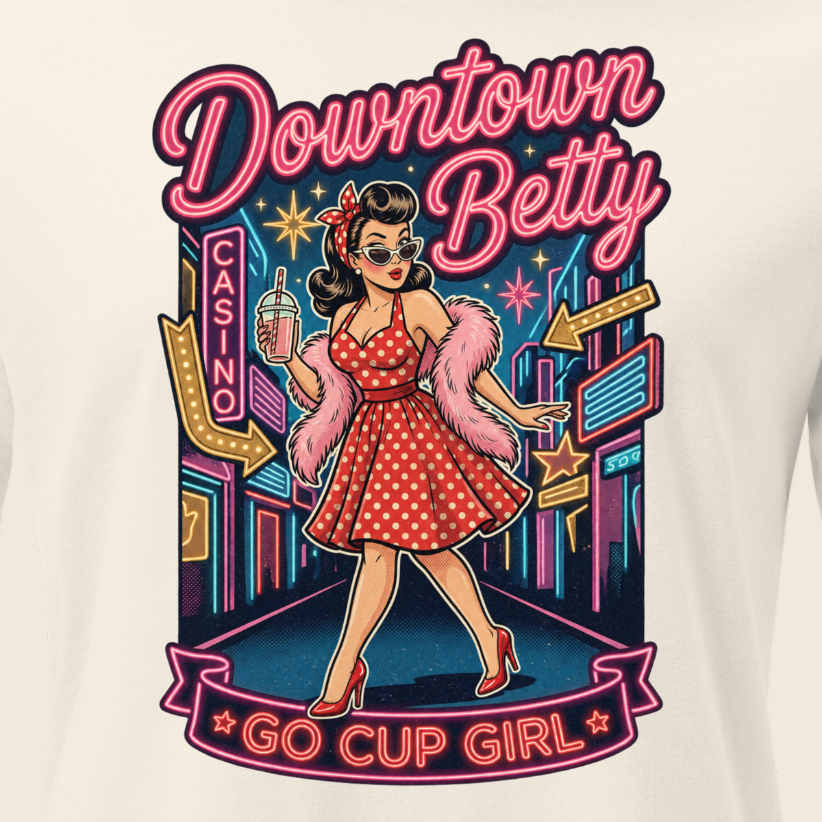 Go Cup Girl Relaxed T-Shirt in Natural, close-up of the front print, polka dot pinup and neon Go Cup Girl banner