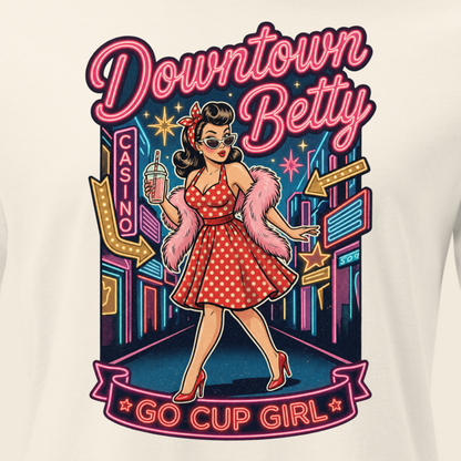 Go Cup Girl Relaxed T-Shirt in Natural, close-up of the front print, polka dot pinup and neon Go Cup Girl banner