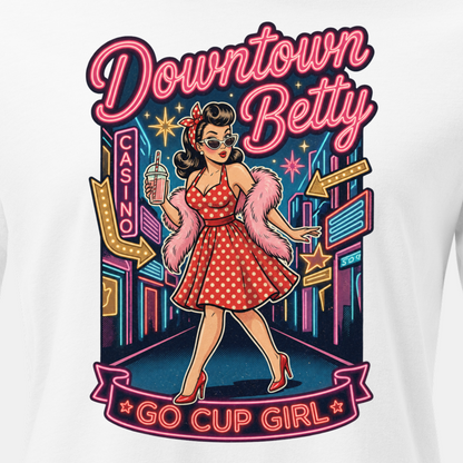 Go Cup Girl Relaxed T-Shirt in White, close-up of the front print, polka dot pinup and neon Go Cup Girl banner