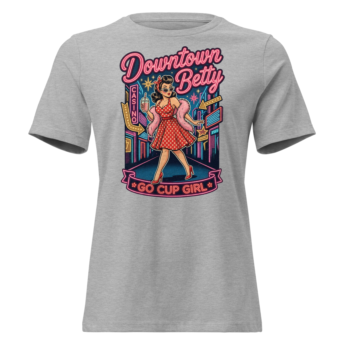 Go Cup Girl Relaxed T-Shirt in Athletic Heather, front view, Downtown Betty pinup with a go cup under neon signs