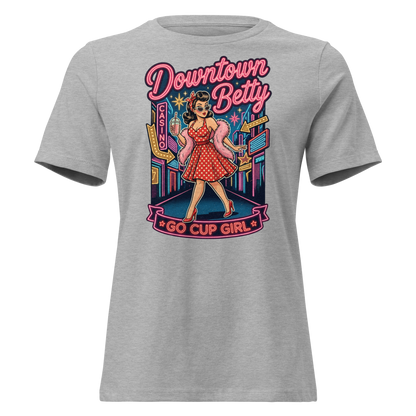Go Cup Girl Relaxed T-Shirt in Athletic Heather, front view, Downtown Betty pinup with a go cup under neon signs
