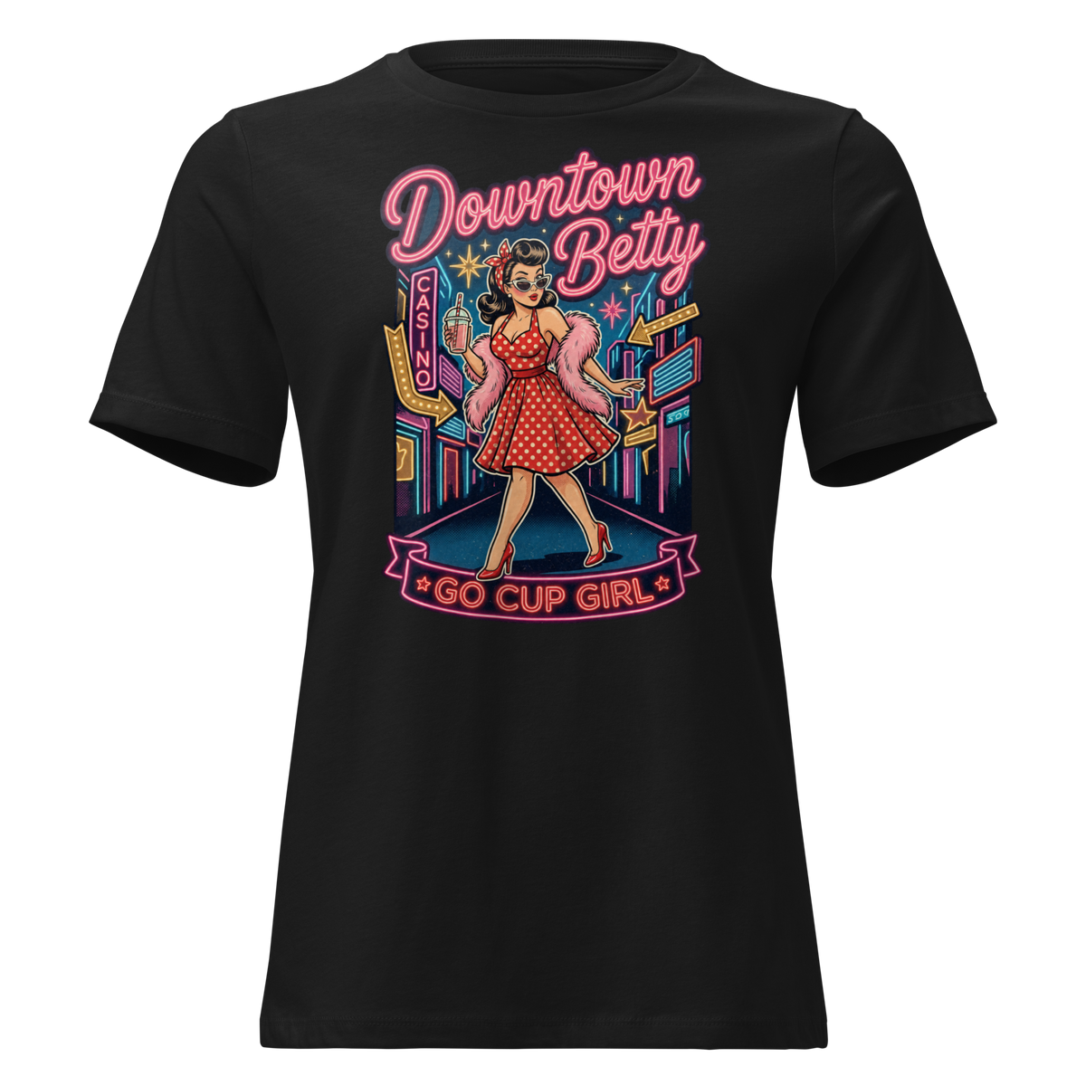 Go Cup Girl Relaxed T-Shirt in Black, front view, Downtown Betty pinup with a go cup under neon signs