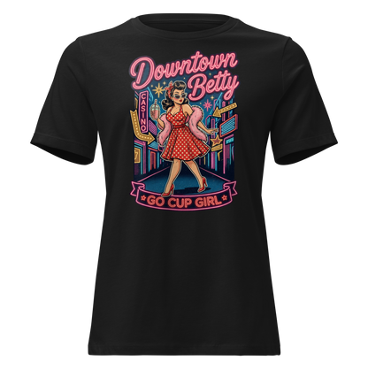Go Cup Girl Relaxed T-Shirt in Black, front view, Downtown Betty pinup with a go cup under neon signs