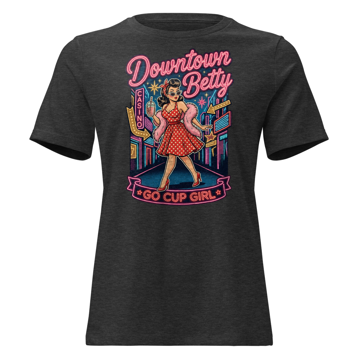 Go Cup Girl Relaxed T-Shirt in Dark Grey Heather, front view, Downtown Betty pinup with a go cup under neon signs