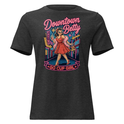 Go Cup Girl Relaxed T-Shirt in Dark Grey Heather, front view, Downtown Betty pinup with a go cup under neon signs