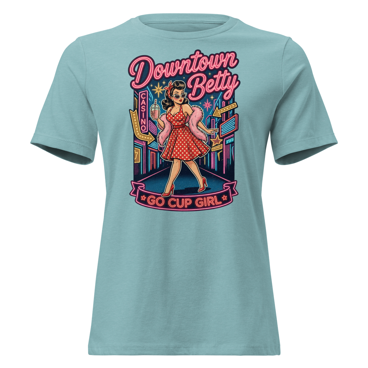 Go Cup Girl Relaxed T-Shirt in Heather Blue Lagoon, front view, Downtown Betty pinup with a go cup under neon signs