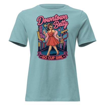 Go Cup Girl Relaxed T-Shirt in Heather Blue Lagoon, front view, Downtown Betty pinup with a go cup under neon signs