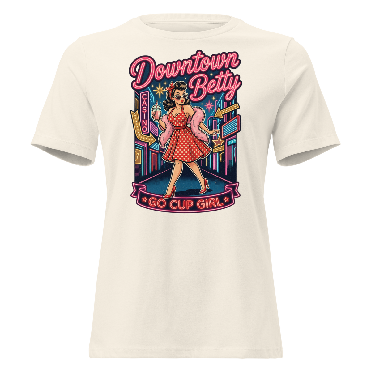 Go Cup Girl Relaxed T-Shirt in Natural, front view, Downtown Betty pinup with a go cup under neon signs