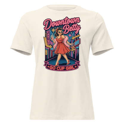 Go Cup Girl Relaxed T-Shirt in Natural, front view, Downtown Betty pinup with a go cup under neon signs