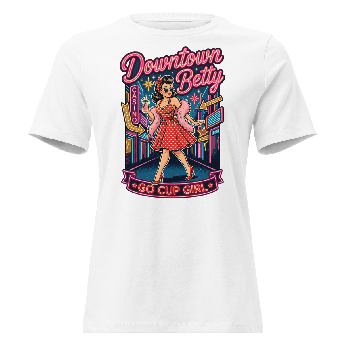 Go Cup Girl Relaxed T-Shirt in White, front view, Downtown Betty pinup with a go cup under neon signs