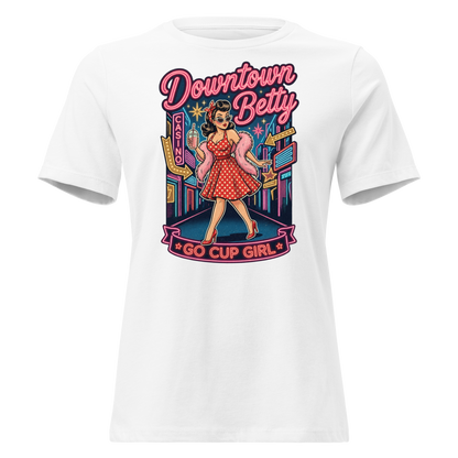 Go Cup Girl Relaxed T-Shirt in White, front view, Downtown Betty pinup with a go cup under neon signs