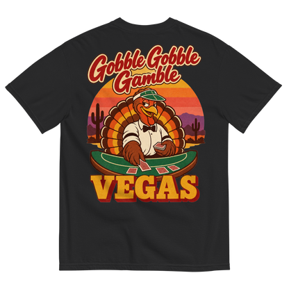 Gobble Gobble Gamble T-Shirt in Black, back print, a turkey in a green dealer visor deals blackjack at a felt table under a desert sunset