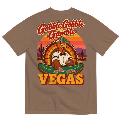 Gobble Gobble Gamble T-Shirt in Espresso, back print, a turkey in a green dealer visor deals blackjack at a felt table under a desert sunset