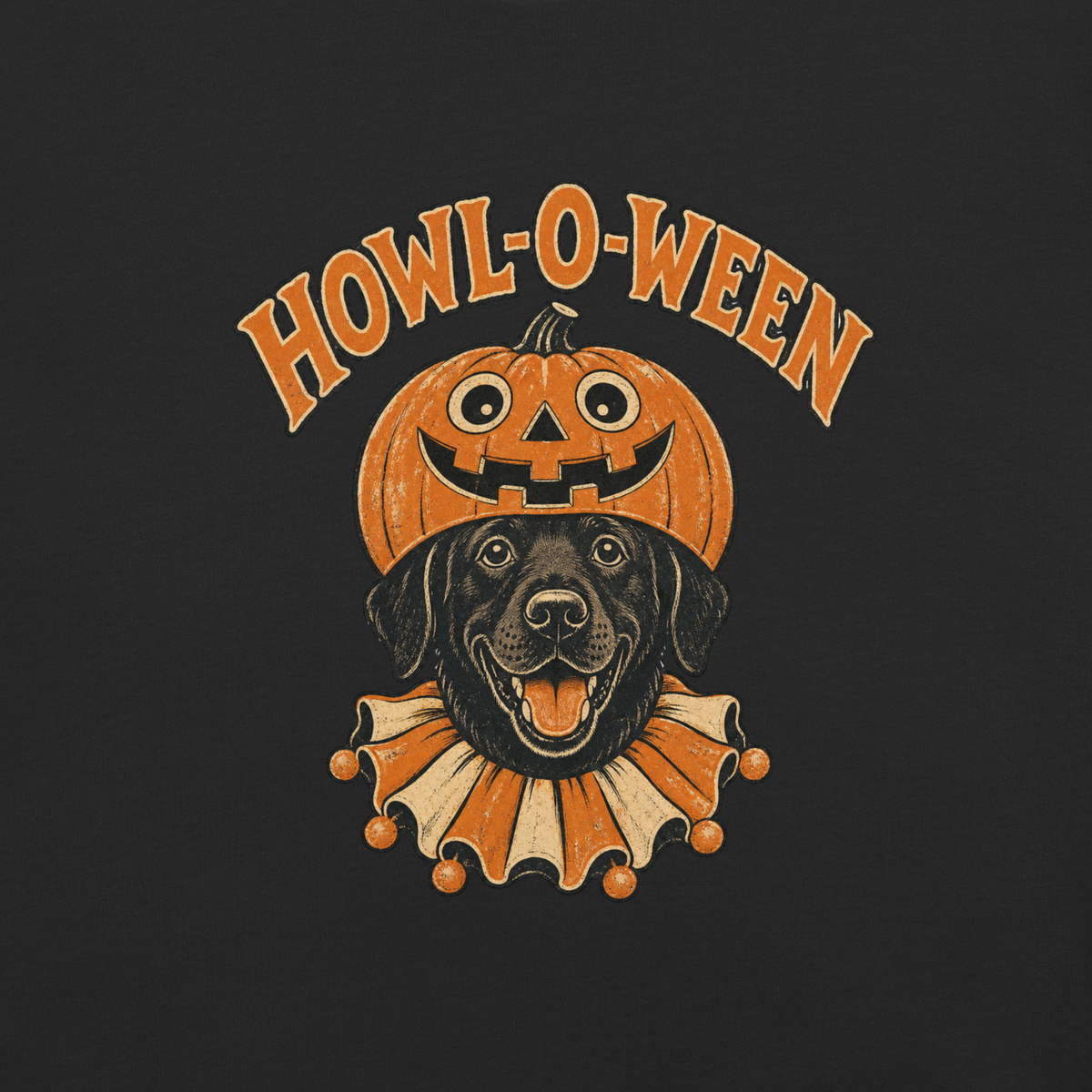 Howl-o-Ween Black Lab T-Shirt in Black, front view, black Lab in a jack-o'-lantern Halloween graphic
