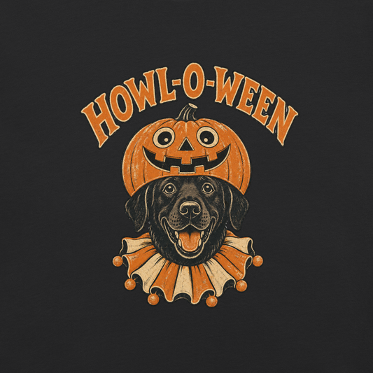 Howl-o-Ween Black Lab T-Shirt in Black, front view, black Lab in a jack-o'-lantern Halloween graphic